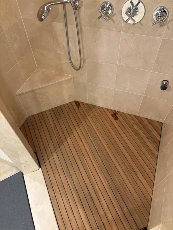 Accessible Teak Shower Floor- Custom Angles